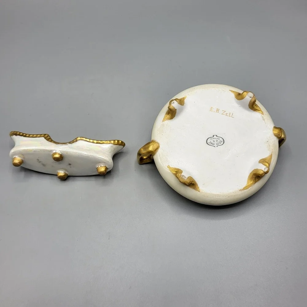 Prov Saxe Germany Trinket Dish Set Vintage Lusterware Gold Trim Footed White